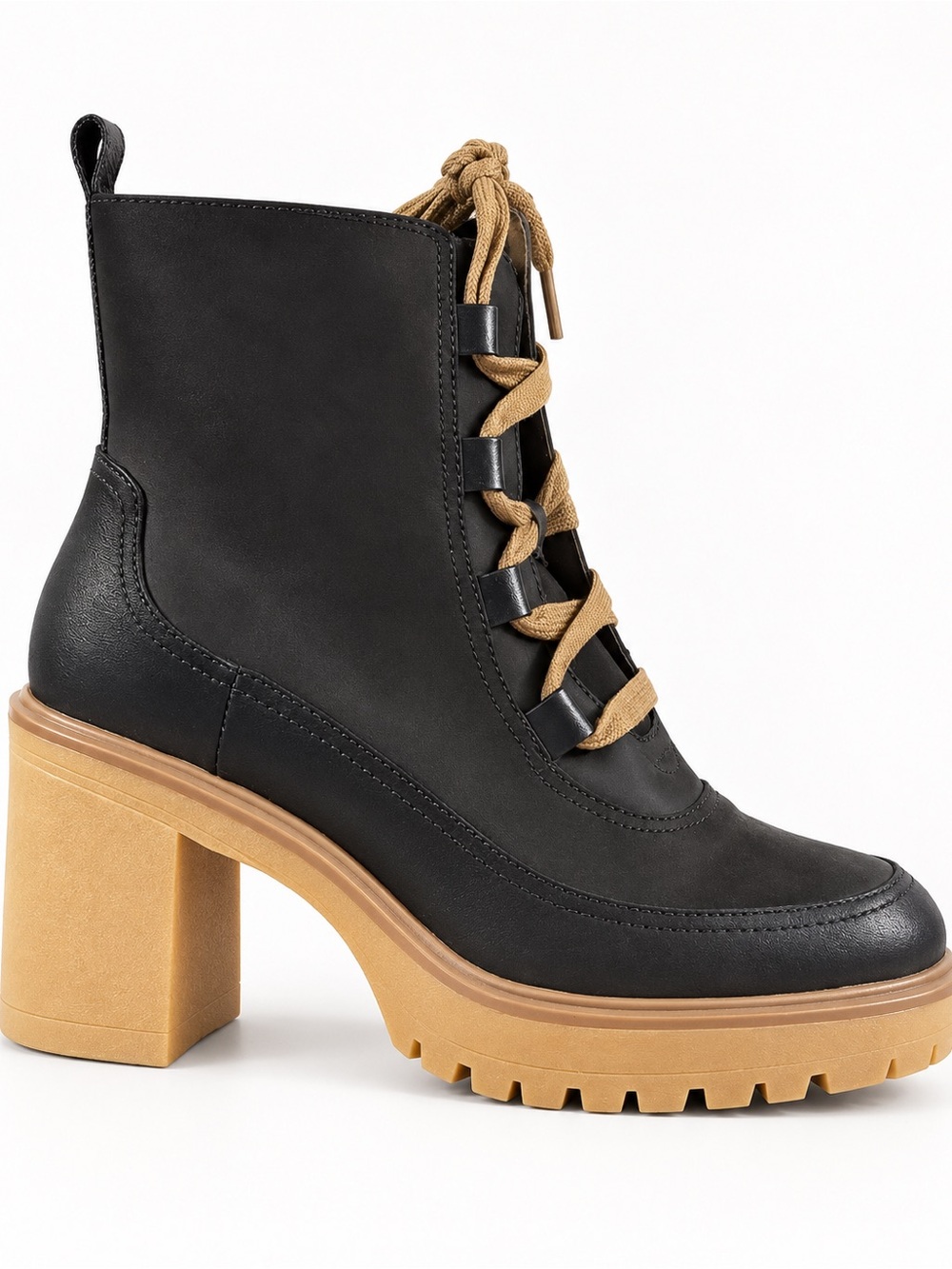 Universal Thread Black Lace-Up Chunky Heel Ankle Boots with Tan Lug Sole
